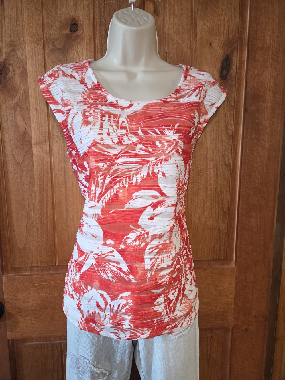 Christopher & Banks Coral and White Ruched Scoop Neck Top